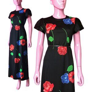 Vintage 70s S Maxi Dress Black Floral Roses Blue Red Green Short Puff Sleeves